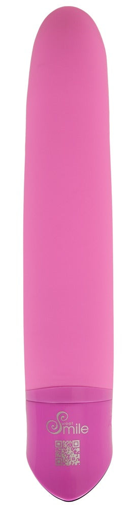 Sweet Smile Happy Vibrator in Pink – Rückansicht mit länglicher geschwungener Form und Bedienelement am Griffende – erhältlich bei Evoria Care