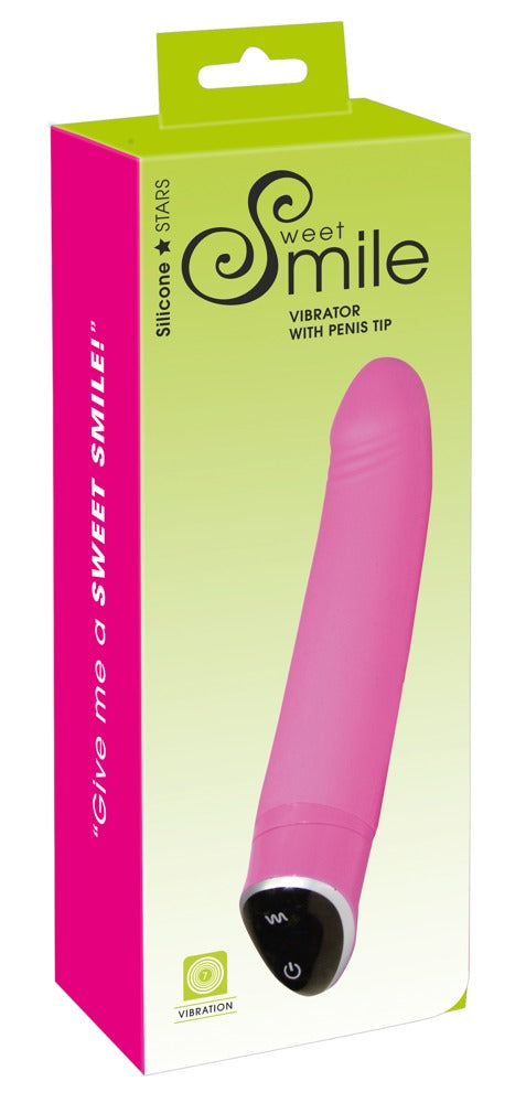 Sweet Smile Happy – klassischer Vibrator in Pink mit gebogener Form zusammen mit der Sweet Smile Verpackung – erhältlich bei Evoria Care