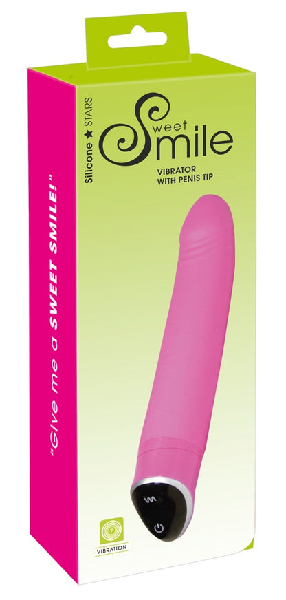 Sweet Smile Happy – klassischer Vibrator in Pink mit gebogener Form zusammen mit der Sweet Smile Verpackung – erhältlich bei Evoria Care