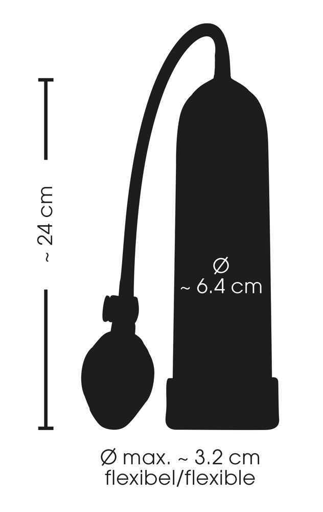 Sweet Smile Pump Cool – Maßgrafik mit Abmessungen von Pumpzylinder, Schlauch und manueller Handpumpe – erhältlich bei Evoria Care