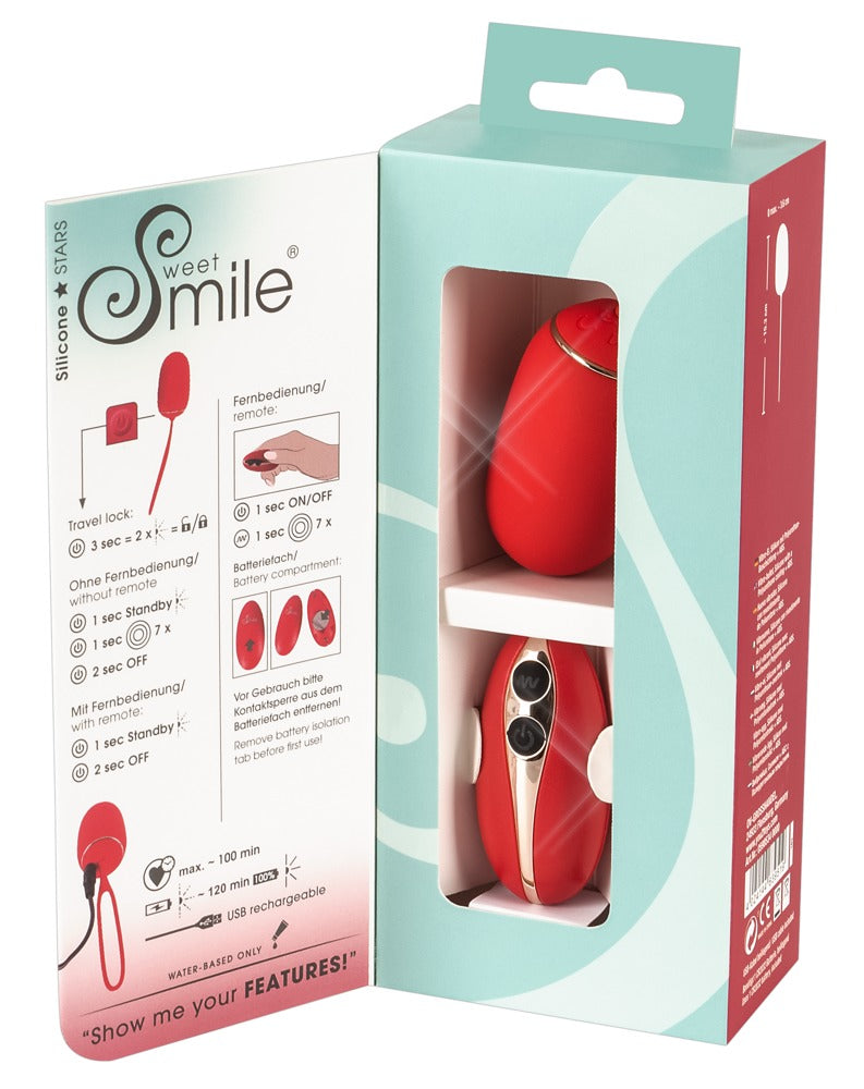 Sweet Smile RC Love Ball – Produktverpackung in verschiedenen Ansichten mit Darstellung der roten Vibrokugel und Fernbedienung – erhältlich bei Evoria Care