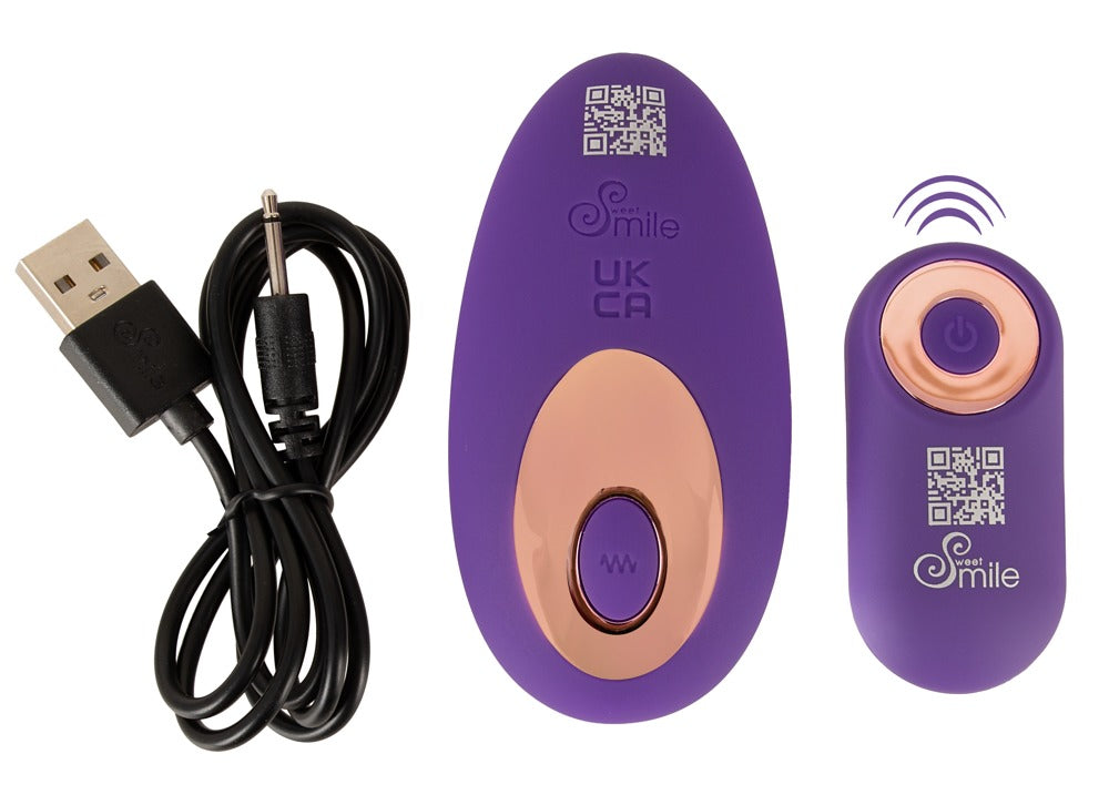Sweet Smile RC Panty Vibrator in Lila – Zubehörübersicht mit Slip-Vibrator, Fernbedienung und Ladekabel – erhältlich bei Evoria Care