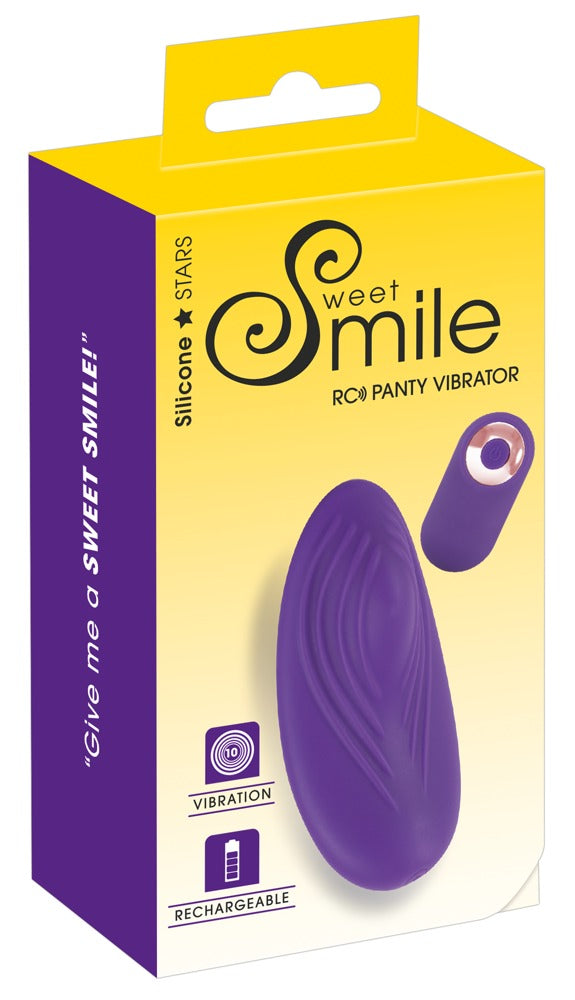 Sweet Smile RC Panty Vibrator in Lila – Slip-Vibrator mit Fernbedienung zusammen mit der Sweet Smile Verpackung – erhältlich bei Evoria Care