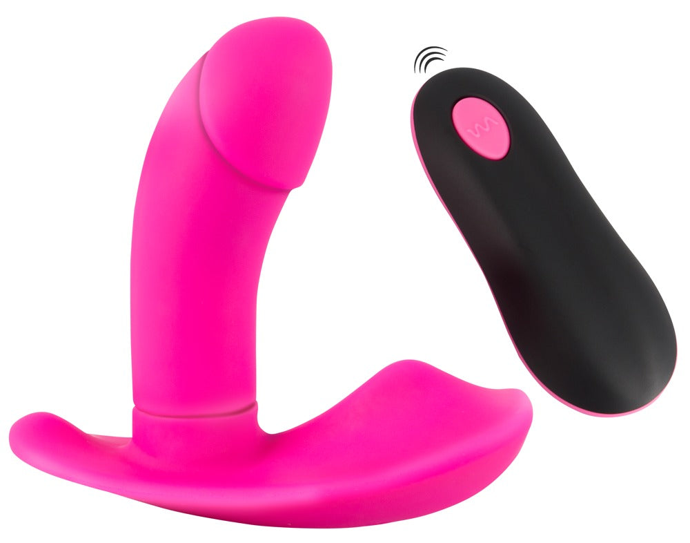 Sweet Smile RC Panty Vibrator in Pink – große Produktübersicht des G-Spot- und Klitorisvibrators mit geschwungener Dual-Form und schwarzer Fernbedienung – erhältlich bei Evoria Care