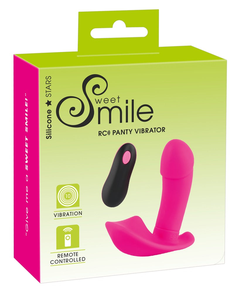 Sweet Smile RC Panty Vibrator in Pink – G-Spot- und Klitorisvibrator mit Fernbedienung zusammen mit der Sweet Smile Verpackung – erhältlich bei Evoria Care