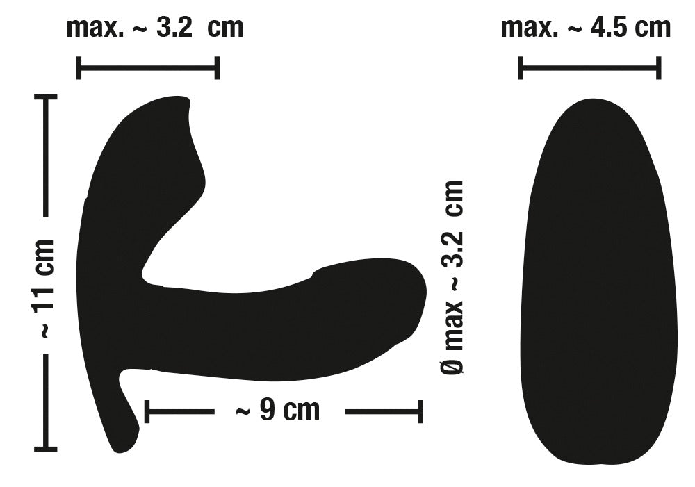 Sweet Smile RC Panty Vibrator – Maßgrafik mit Abmessungen des pinkfarbenen Dual-Vibrators und der schwarzen Fernbedienung – erhältlich bei Evoria Care