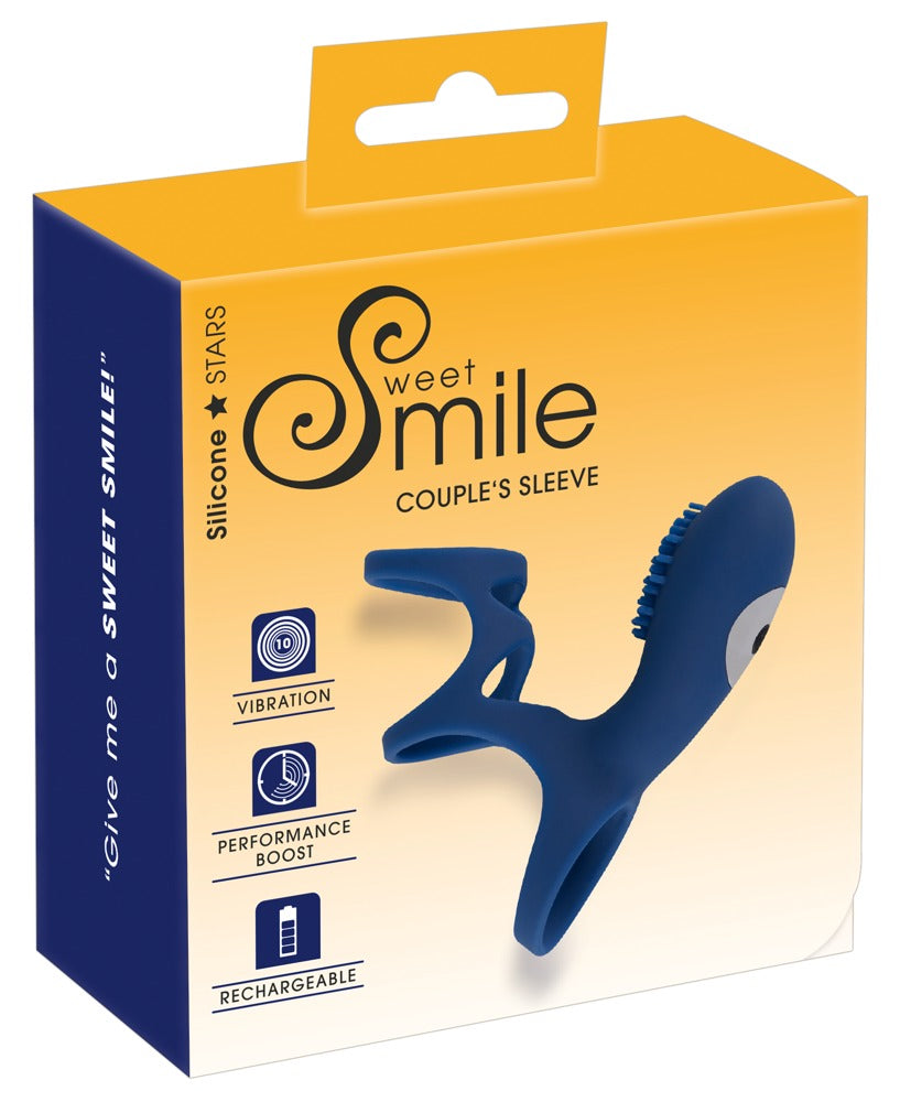 Sweet Smile Rechargeable Coupl – vibrierende Penismanschette in Blau zusammen mit der Sweet Smile Verpackung – erhältlich bei Evoria Care