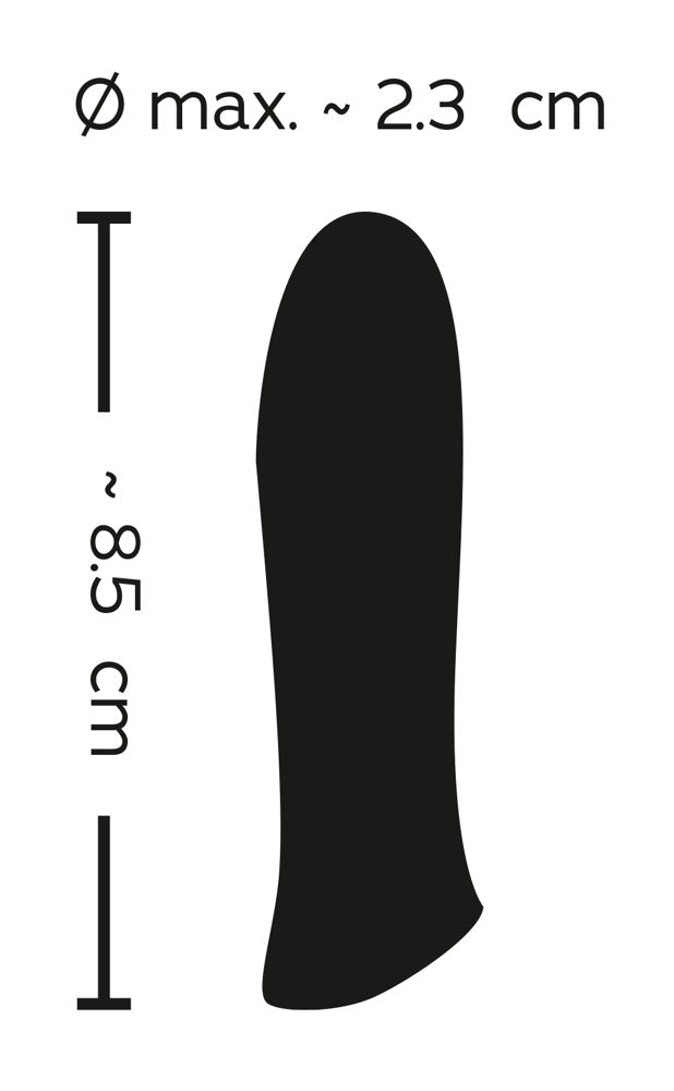 Sweet Smile Rechargeable Power Mini-Vibrator – Maßgrafik zur Darstellung der kompakten Produktgröße und Abmessungen – erhältlich bei Evoria Care