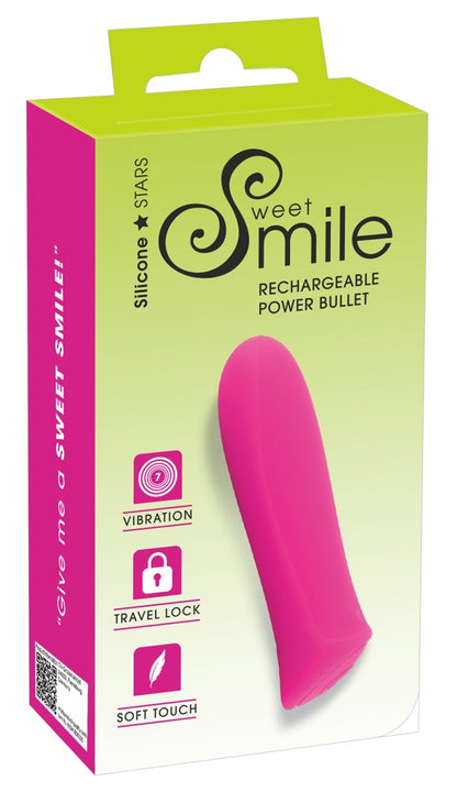 Sweet Smile Rechargeable Power Mini-Vibrator in Pink – Produkt zusammen mit der pink-grünen Sweet Smile Verpackung – erhältlich bei Evoria Care