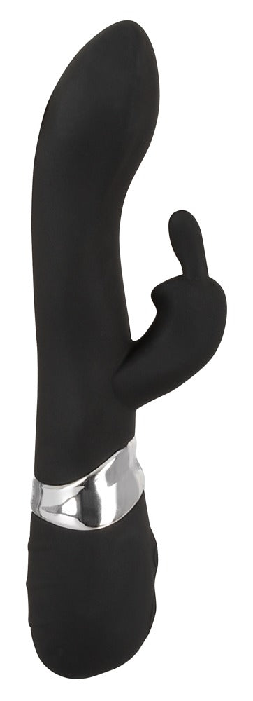 Sweet Smile Rechargeable Rabbit in Schwarz – Seitenansicht mit geschwungenem Hauptschaft und seitlichem Rabbit-Stimulator – erhältlich bei Evoria Care