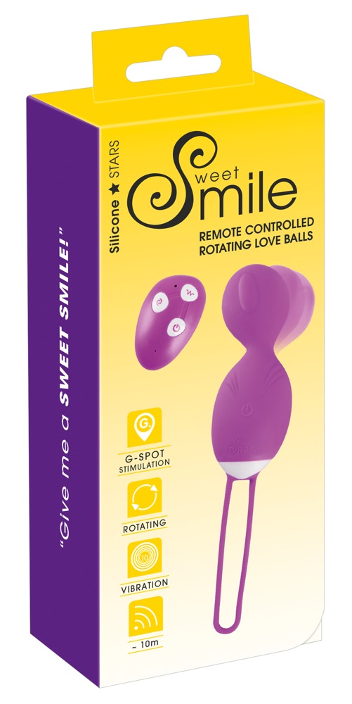 Sweet Smile Rotating Love Ball – lilafarbene Vibrokugel für Beckenbodentraining zusammen mit der Sweet Smile Verpackung – erhältlich bei Evoria Care