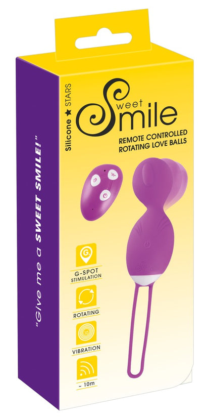 Sweet Smile Rotating Love Ball – lilafarbene Vibrokugel für Beckenbodentraining zusammen mit der Sweet Smile Verpackung – erhältlich bei Evoria Care