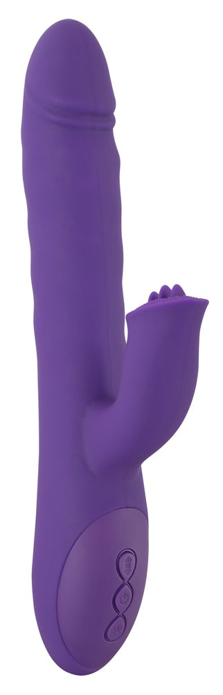 Sweet Smile Thrusting & Rotating Rabbitvibrator in Lila – Frontansicht mit länglichem strukturiertem Schaft und seitlichem Stimulationsarm – erhältlich bei Evoria Care