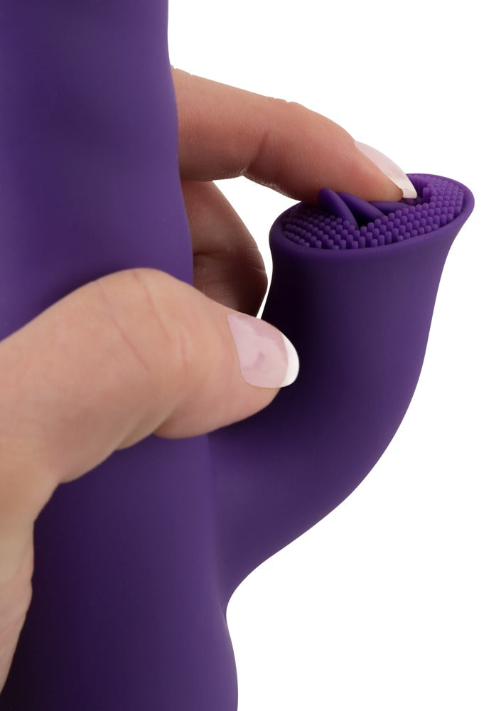 Sweet Smile Thrusting & Rotating Rabbitvibrator in Lila – Handhabungsansicht mit sichtbarem strukturiertem Schaft und seitlichem Rabbit-Stimulator – erhältlich bei Evoria Care