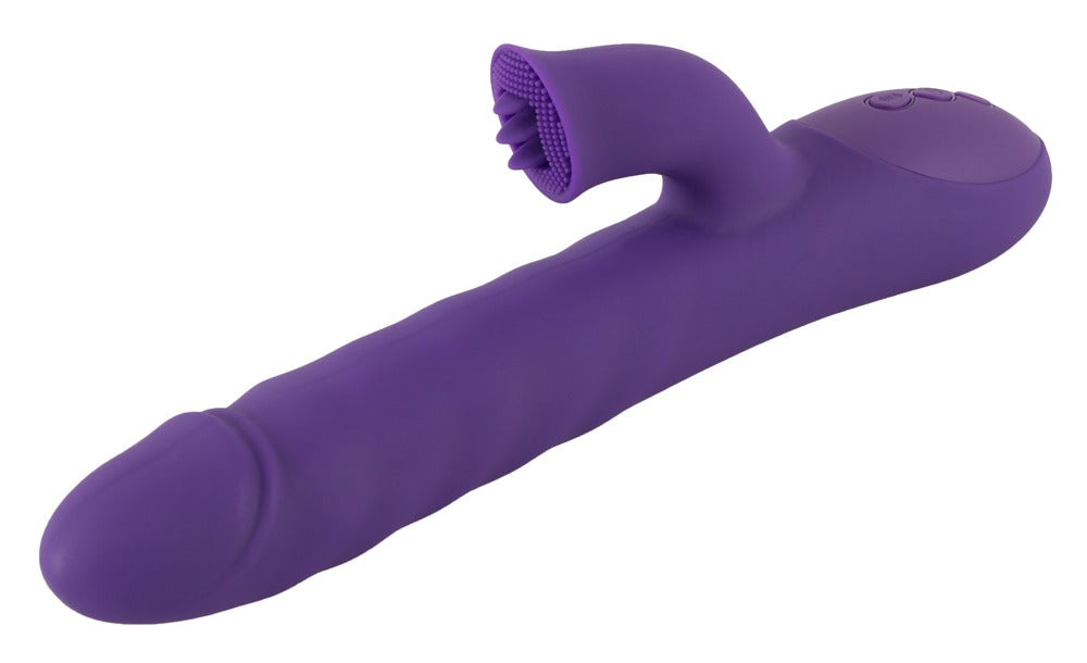 Sweet Smile Thrusting & Rotating Rabbitvibrator in Lila – liegende Seitenansicht mit strukturiertem Schaft und deutlich sichtbarem Rabbit-Stimulator – erhältlich bei Evoria Care