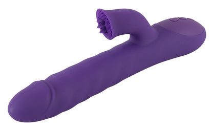 Sweet Smile Thrusting & Rotating Rabbitvibrator in Lila – liegende Seitenansicht mit strukturiertem Schaft und deutlich sichtbarem Rabbit-Stimulator – erhältlich bei Evoria Care