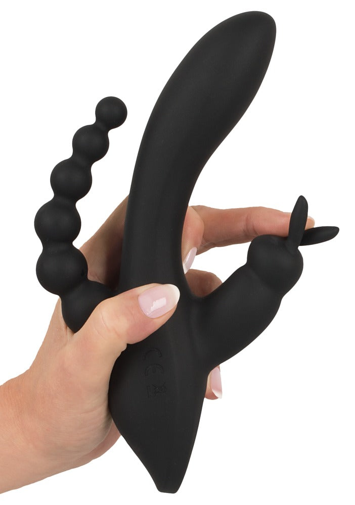 Sweet Smile Triple G-Spot Vibrator in Schwarz – Darstellung der flexiblen Form und der beweglichen Stimulationsbereiche in einer Hand – erhältlich bei Evoria Care