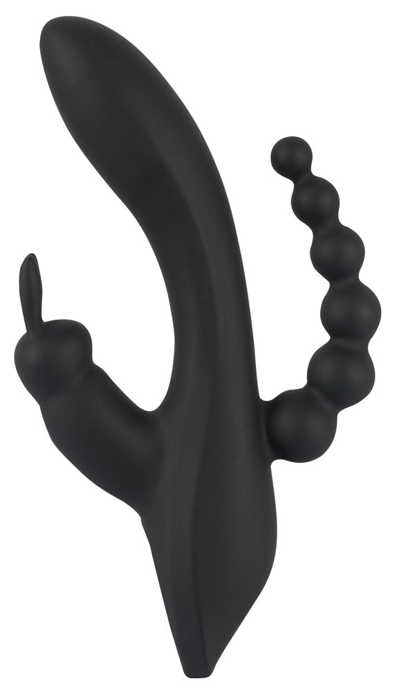 Sweet Smile Triple G-Spot Vibrator in Schwarz – Seitenansicht mit gebogenem Hauptschaft und zwei unterschiedlich strukturierten Stimulationsarmen – erhältlich bei Evoria Care