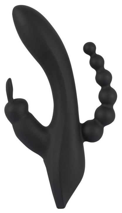Sweet Smile Triple G-Spot Vibrator in Schwarz – Seitenansicht mit gebogenem Hauptschaft und zwei unterschiedlich strukturierten Stimulationsarmen – erhältlich bei Evoria Care