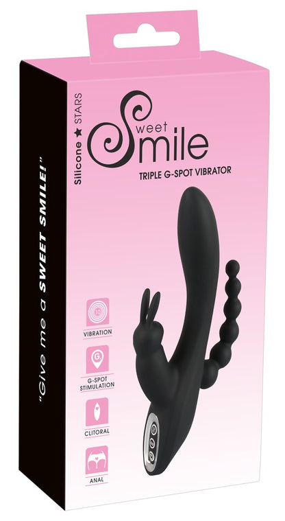 Sweet Smile Triple G-Spot Vibrator in Schwarz – Produkt mit geschwungenem Hauptschaft und seitlichen Stimulationsarmen zusammen mit der Sweet Smile Verpackung – erhältlich bei Evoria Care
