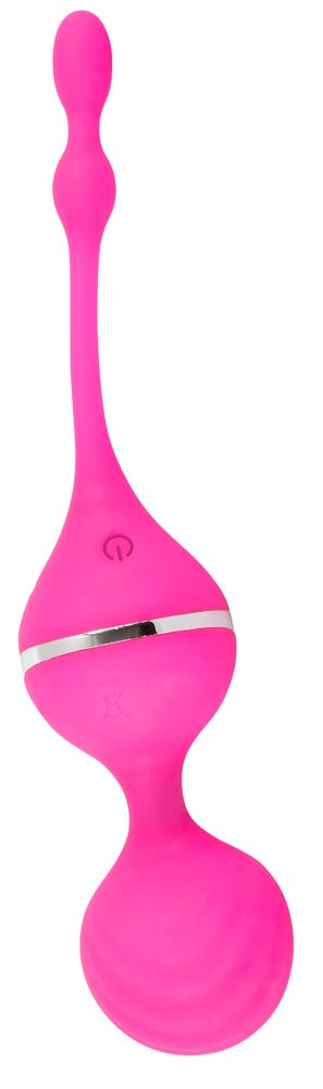 Sweet Smile Vibrating Love Balls in Pink – Frontansicht mit mehreren kugelförmigen Elementen, geschwungenem Mittelteil und Rückholschlaufe – erhältlich bei Evoria Care