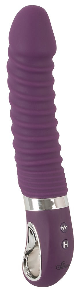 Sweet Smile Warming Soft Wärmevibrator in Dunkelviolett – Frontansicht mit strukturiertem Schaft und silberfarbenem Haltering – erhältlich bei Evoria Care
