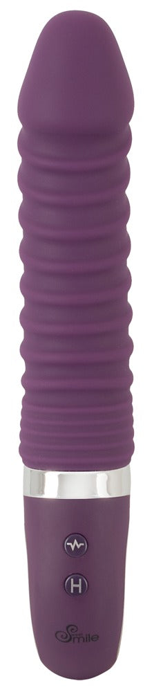 Sweet Smile Warming Soft Wärmevibrator in Dunkelviolett – Rückansicht mit länglichem strukturiertem Schaft und Haltering am Griffende – erhältlich bei Evoria Care