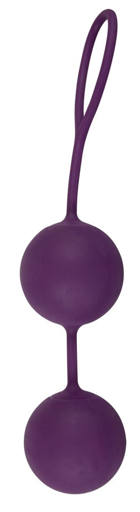 Sweet Smile XXL Balls in Dunkelviolett – Gesamtansicht der beiden verbundenen Liebeskugeln mit langer flexibler Rückholschlaufe – erhältlich bei Evoria Care