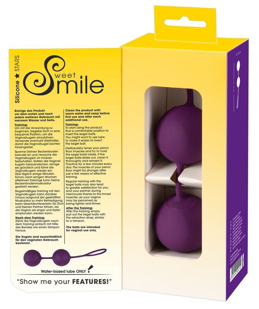 Sweet Smile XXL Balls – weitere Ansichten der gelb-violetten Produktverpackung mit Darstellung der Liebeskugeln – erhältlich bei Evoria Care