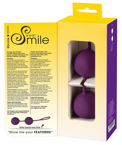 Sweet Smile XXL Balls – weitere Ansichten der gelb-violetten Produktverpackung mit Darstellung der Liebeskugeln – erhältlich bei Evoria Care