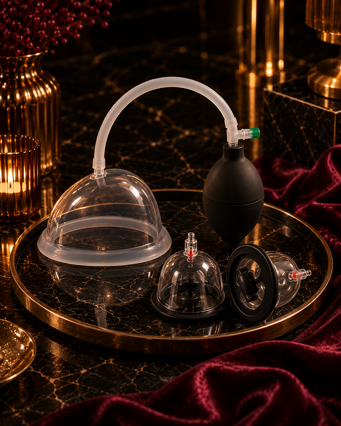 Vaginasauger und Nippelsauger auf edlem schwarzem Marmortablett mit goldenen Akzenten, umgeben von bordeauxrotem Samt und warmem Kerzenlicht – Evoria Care.