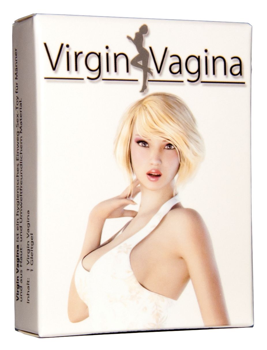 Virgin Vagina – wasserbefüllbarer Einweg-Masturbator mit Gleitgel in beigefarbener Originalverpackung mit schwarzer Produktbeschriftung und Modelabbildung auf der Vorderseite – erhältlich bei Evoria Care
