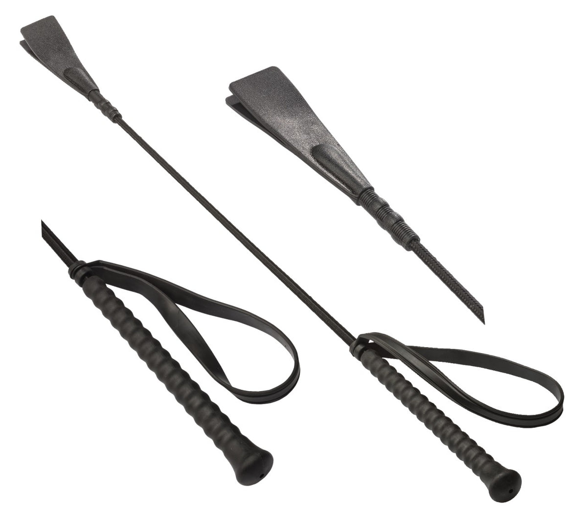 XX-DREAMSTOYS Beginner Gerte – schwarze Gerte mit schlankem Schaft, PVC-Klatsche und Handschlaufe in mehreren Produktperspektiven auf weißem Hintergrund – erhältlich bei Evoria Care
