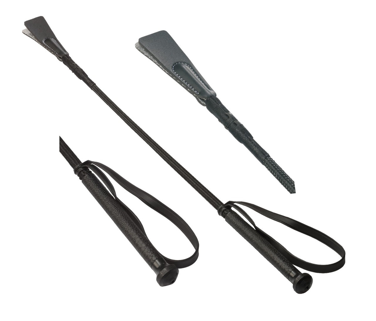 XX-DREAMSTOYS Gerte – schwarze Gerte mit schlankem Schaft, breiter Klatsche, PVC-Griff und Handschlaufe in mehreren Produktperspektiven auf weißem Hintergrund – erhältlich bei Evoria Care