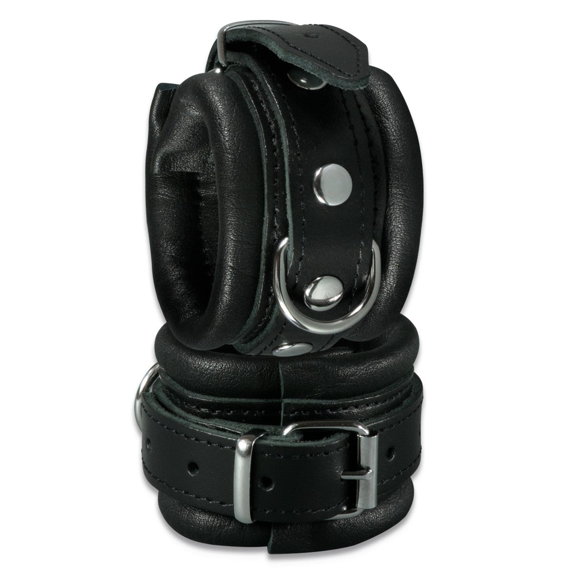 XX-DREAMSTOYS Leder-Handfessel – schwarze weich gepolsterte Bondage-Fesseln für die Handgelenke mit Schnallenverschlüssen, Metallnieten und Befestigungsösen in einzelner Produktansicht – erhältlich bei Evoria Care