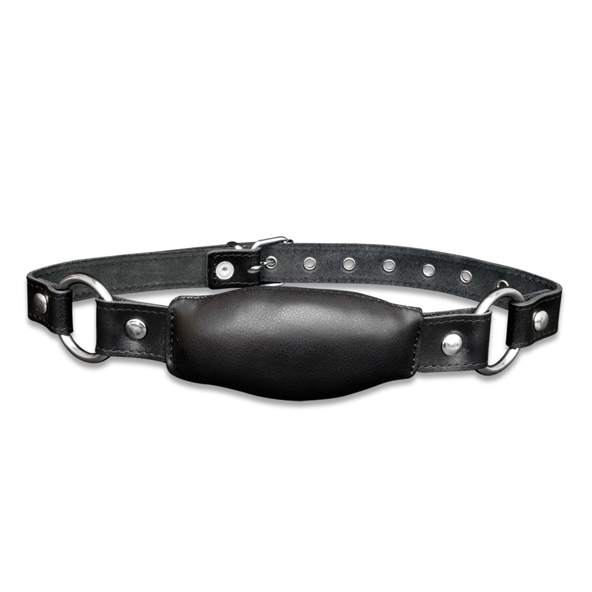 XX-DREAMSTOYS Leder-Mundknebel – schwarzer gepolsterter Knebel aus Leder mit verstellbarem Riemen, Schnallenverschluss und Metallösen in einzelner Produktansicht – erhältlich bei Evoria Care