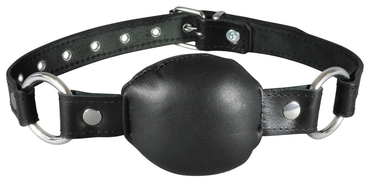 XX-DREAMSTOYS Leder-Mundknebel – kompakter schwarzer Knebel aus weichem Rindsnappaleder mit rundem Knebelelement, verstellbarem Lederriemen und Metallringen – erhältlich bei Evoria Care