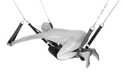 XX-DREAMSTOYS Master of Hell – weitere Seitenansicht der schwarzen Leder Sex Sling mit Fixierschlaufen und Aufhängung – erhältlich bei Evoria Care