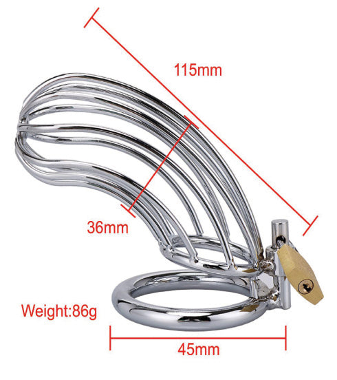 XX-DREAMSTOYS Metal Cock Cage Banana Shape – technische Produktdarstellung des gebogenen Metall-Peniskäfigs mit eingezeichneten Abmessungen – erhältlich bei Evoria Care