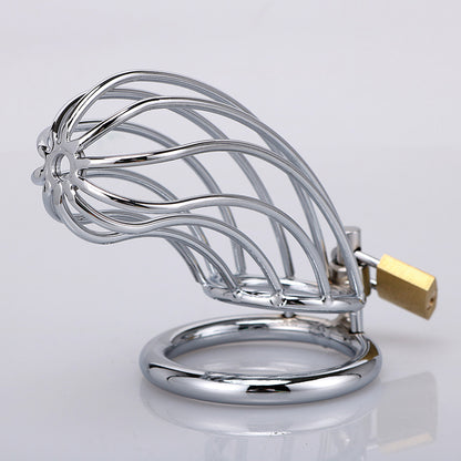 XX-DREAMSTOYS Metal Cock Cage Banana Shape – Einzelansicht des silberfarbenen gebogenen Metall-Peniskäfigs mit ringförmiger Basis – erhältlich bei Evoria Care