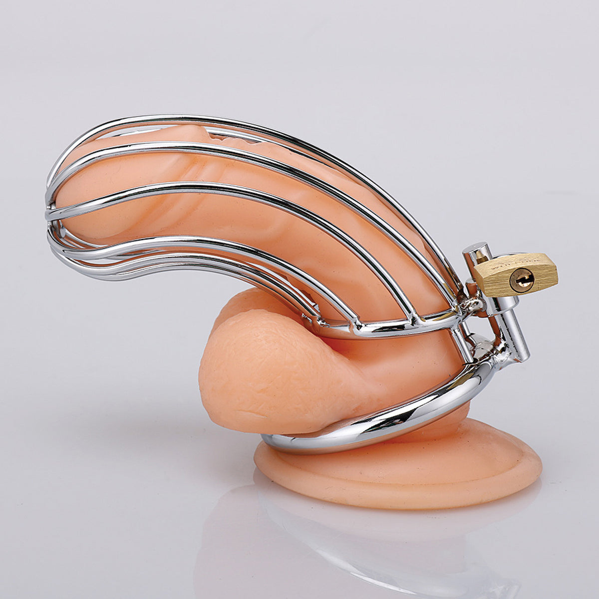 XX-DREAMSTOYS Metal Cock Cage Banana Shape – Detailansicht des gebogenen Metall-Peniskäfigs mit eingesetztem Verschluss – erhältlich bei Evoria Care