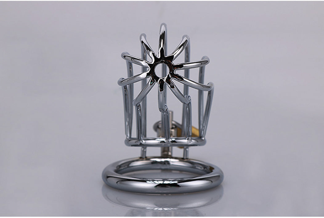 XX-DREAMSTOYS Metal Cock Cage Banana Shape – Detailansicht von Verschluss und Zubehör des Metall-Peniskäfigs – erhältlich bei Evoria Care
