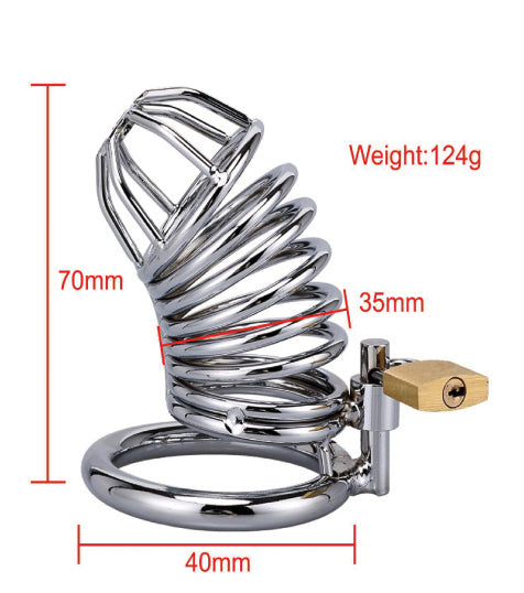 XX-DREAMSTOYS Metal Cock Cage Snake Shape – technische Produktdarstellung des Metall-Peniskäfigs mit eingezeichneten Abmessungen – erhältlich bei Evoria Care