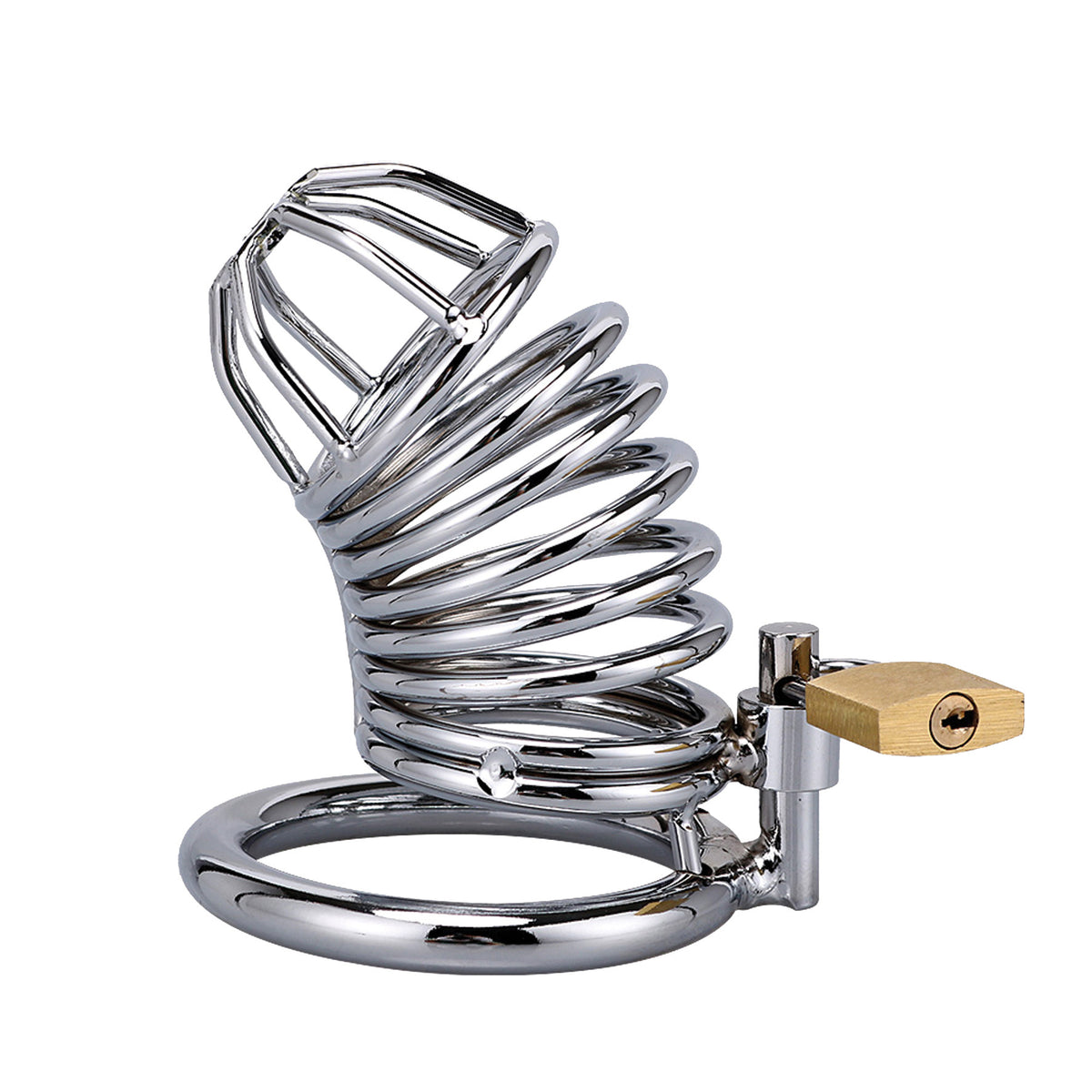 XX-DREAMSTOYS Metal Cock Cage Snake Shape – seitliche Produktansicht mit geschwungener offener Metallkonstruktion, Basisring und Verschluss – erhältlich bei Evoria Care