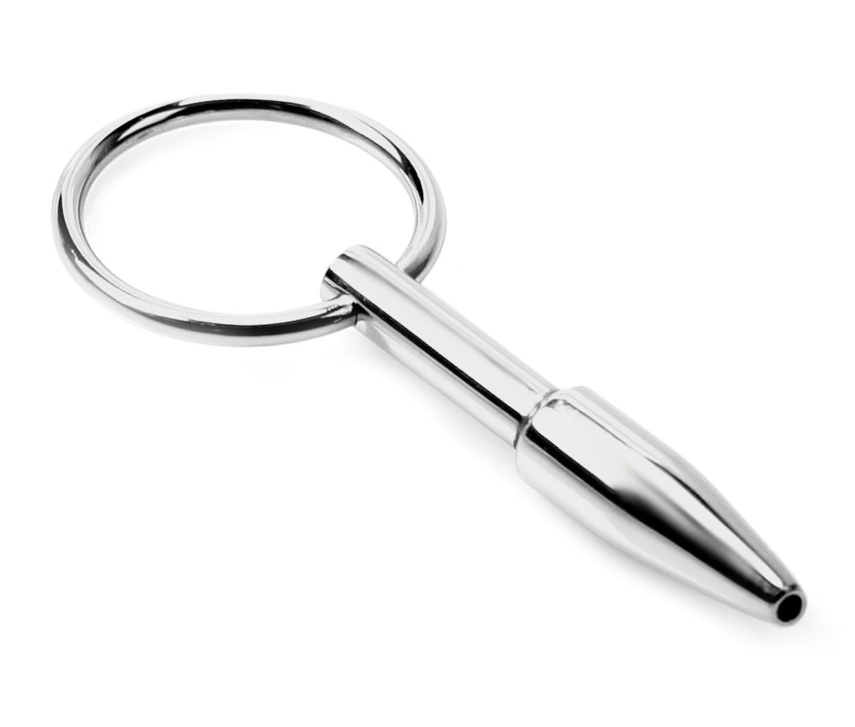 XX-DREAMSTOYS Mini Fucker – silberfarbener hohler Metallplug mit konisch zulaufender Spitze, glänzender Oberfläche und rundem Befestigungsring in einzelner Produktansicht – erhältlich bei Evoria Care