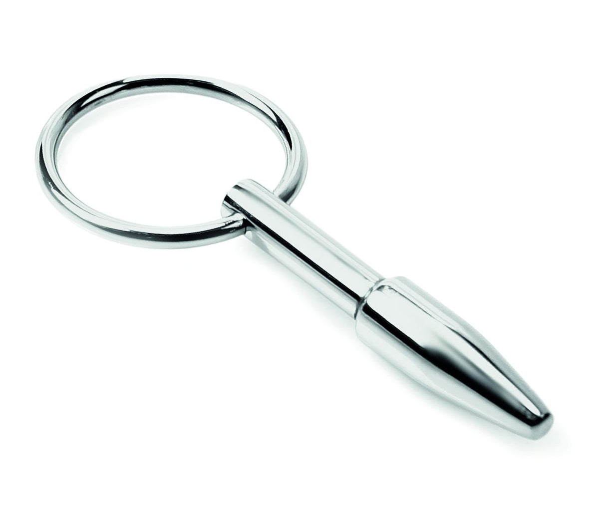 XX-DREAMSTOYS Mini Fucker – massiver silberfarbener Metallplug mit konisch zulaufender Spitze, glatter glänzender Oberfläche und rundem Befestigungsring in einzelner Produktansicht – erhältlich bei Evoria Care