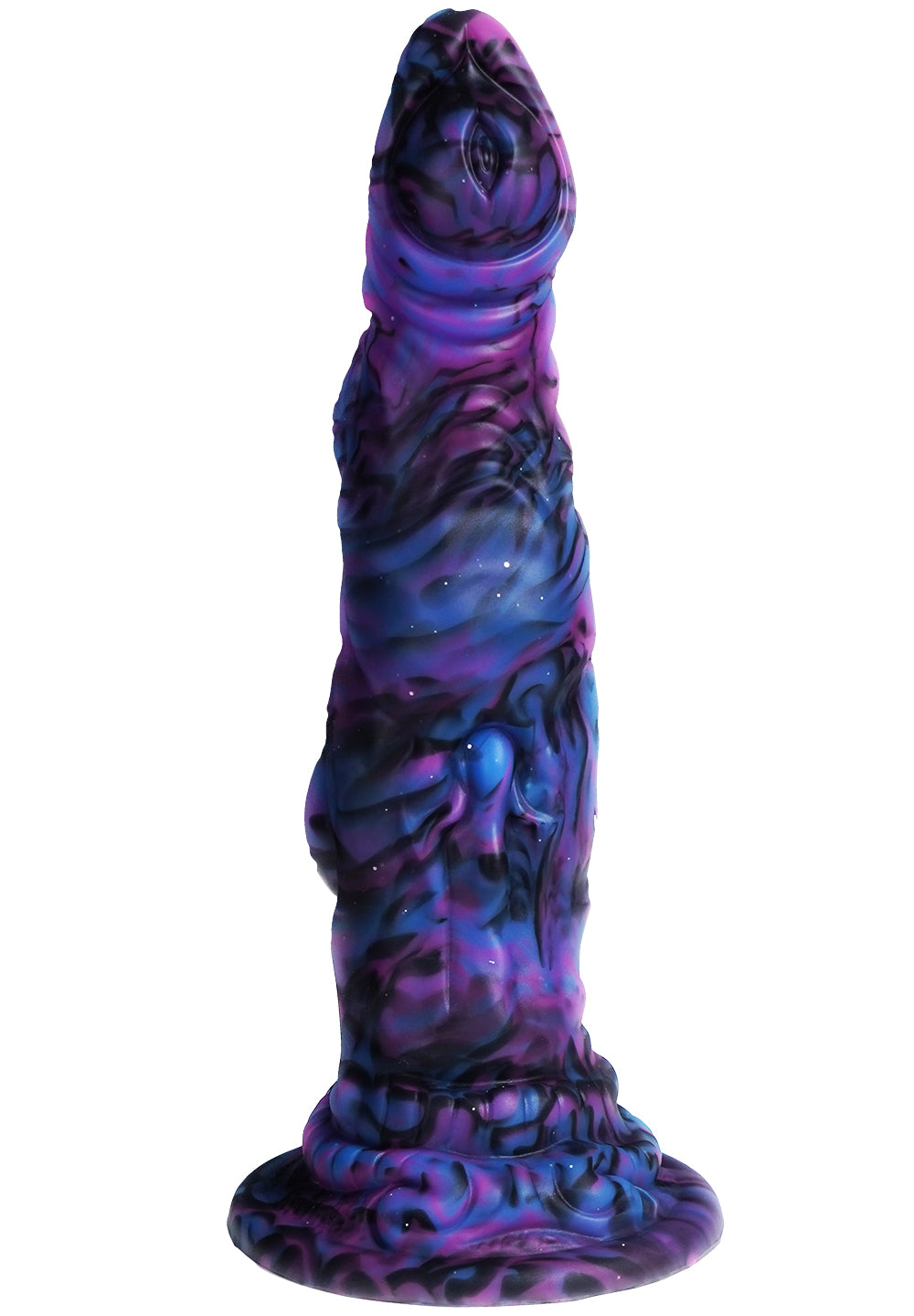 XX-DREAMSTOYS Mutant Dildo No. 14 – aufrecht stehender Fantasy-Dildo mit mehreren abgestuften Verdickungen, reliefartiger Oberflächenstruktur, violett-blauer Marmorierung und verbreiterter Basis in frontaler Produktansicht – erhältlich bei Evoria Care