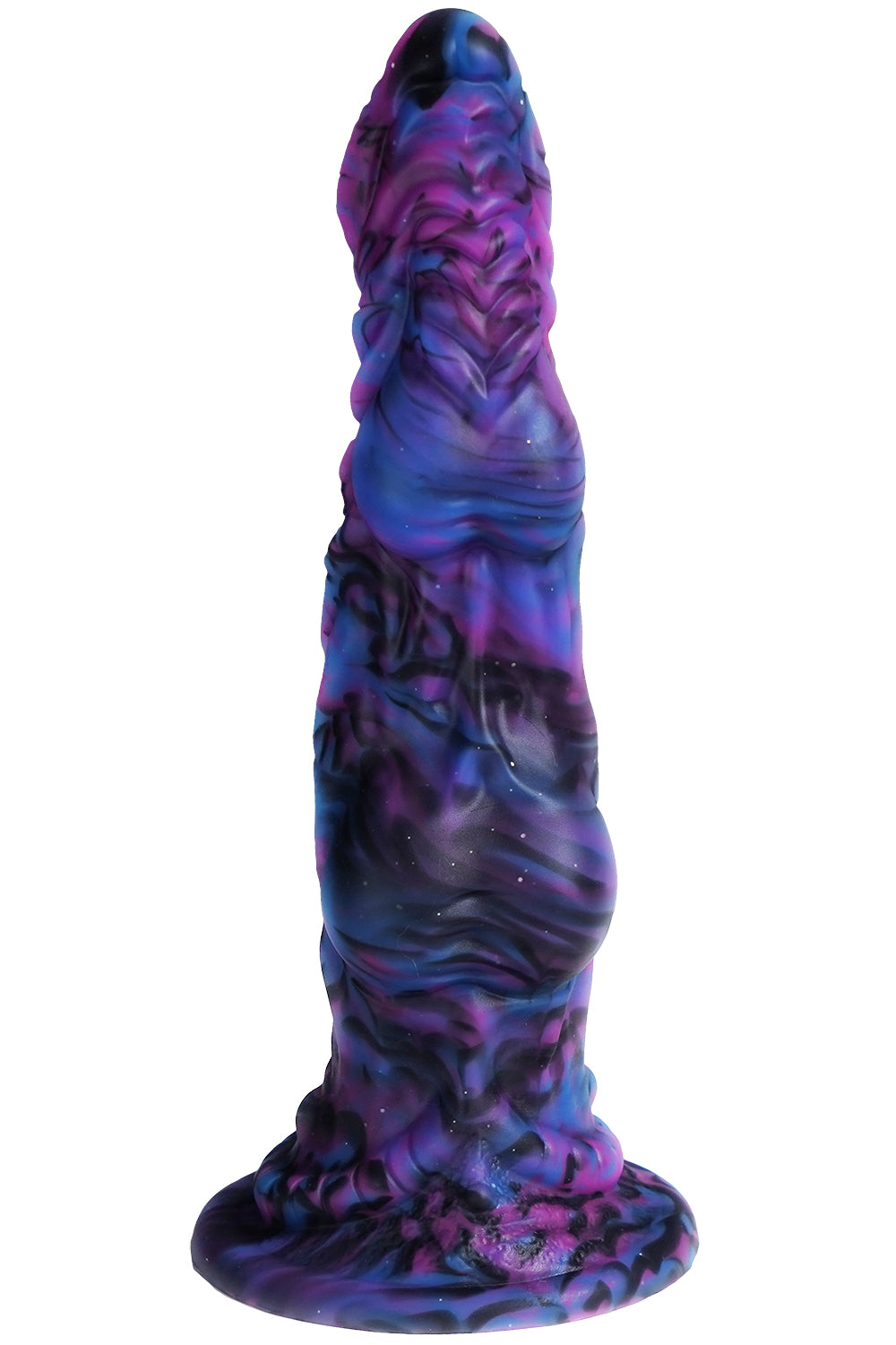 XX-DREAMSTOYS Mutant Dildo No. 14 – Rückansicht des violett-blau marmorierten Fantasy-Dildos mit länglichem, unregelmäßig strukturiertem Schaft, mehreren erhabenen Konturen und verbreiterter Standbasis – erhältlich bei Evoria Care