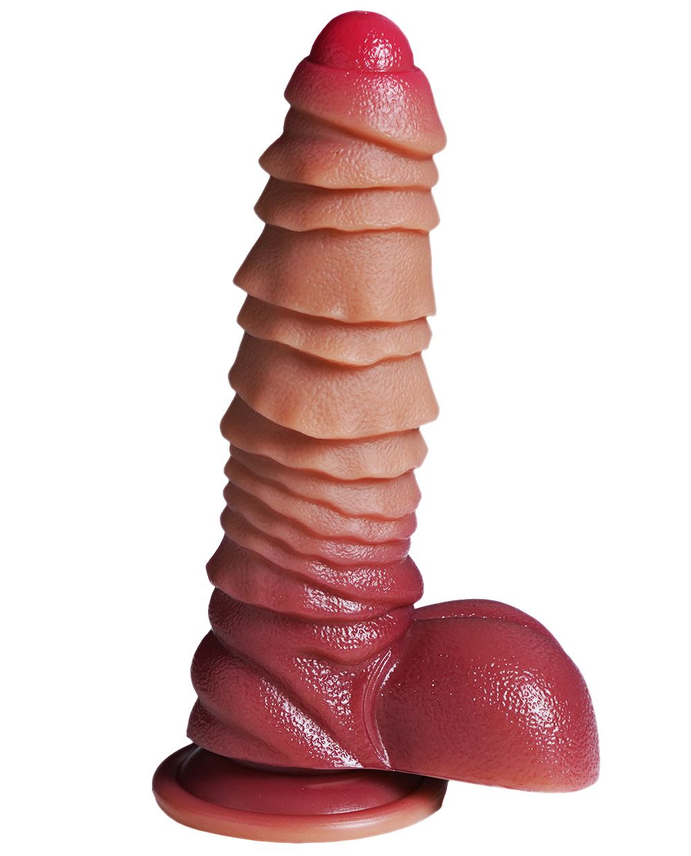 XX-DREAMSTOYS Mutant Dildo No. 6 – hautfarbener Fantasy-Dildo mit zahlreichen ausgeprägten ringförmigen Verdickungen, roter abgerundeter Spitze, geripptem Schaft und anatomisch geformter Hodenbasis in schräger Produktansicht auf weißem Hintergrund – erhältlich bei Evoria Care