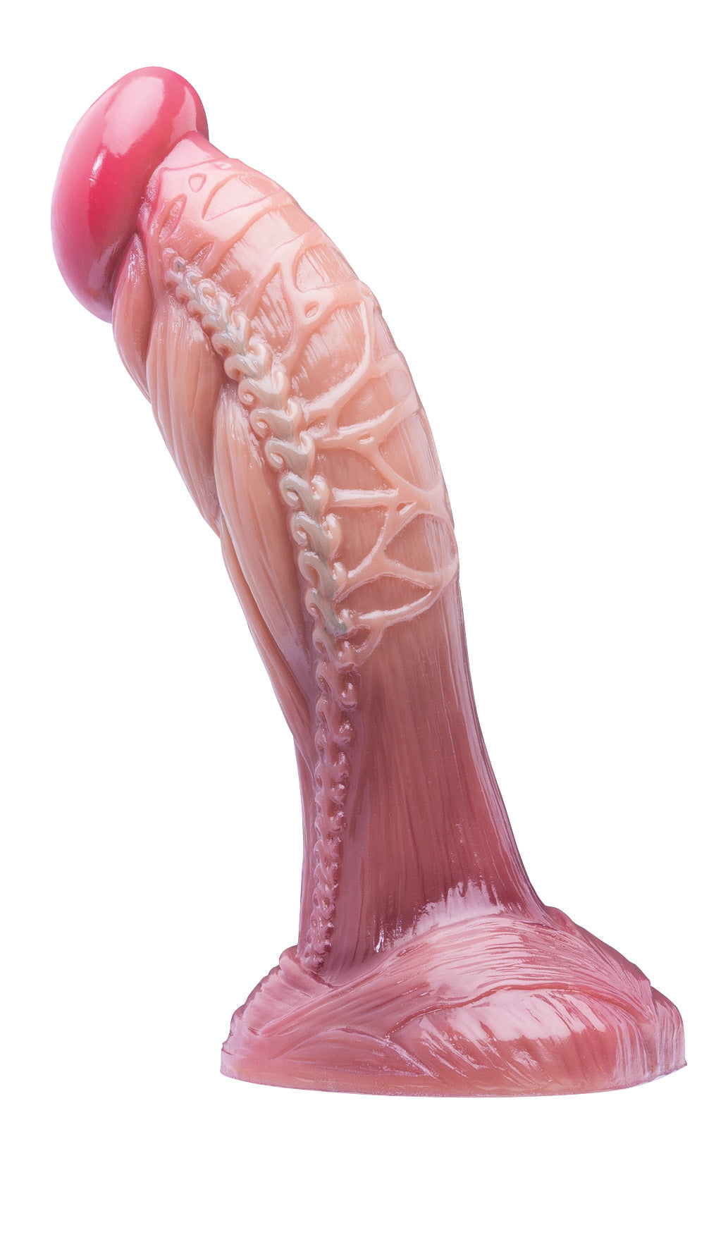 XX-DREAMSTOYS Mutant No. 1 – rosafarbener Fantasy-Dildo mit geschwungenem Schaft, erhabenen anatomischen Aderdetails, abgerundeter Eichel und breiter Saugnapfbasis in schräger Produktansicht auf weißem Hintergrund – erhältlich bei Evoria Care